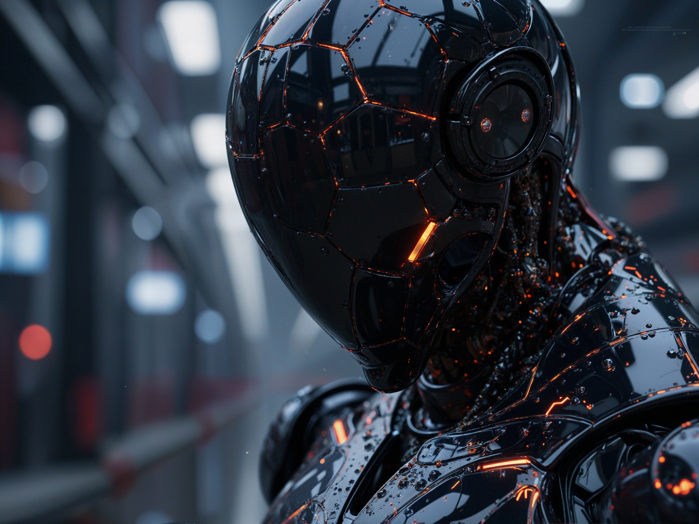 Futuristic Robot with Glossy Black Exterior and Patterns