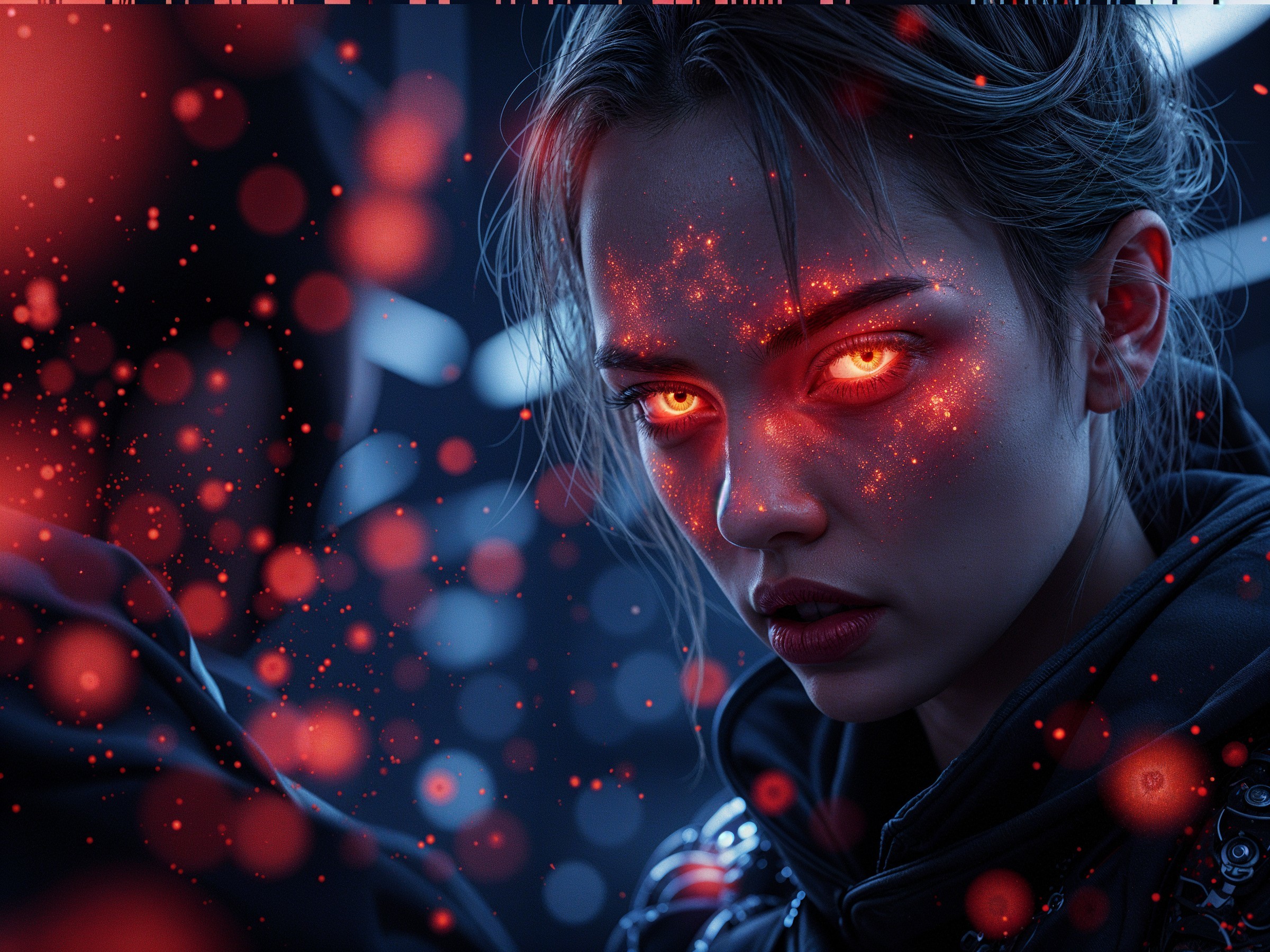 Portrait of a Young Woman with Red Eyes and Light Effects