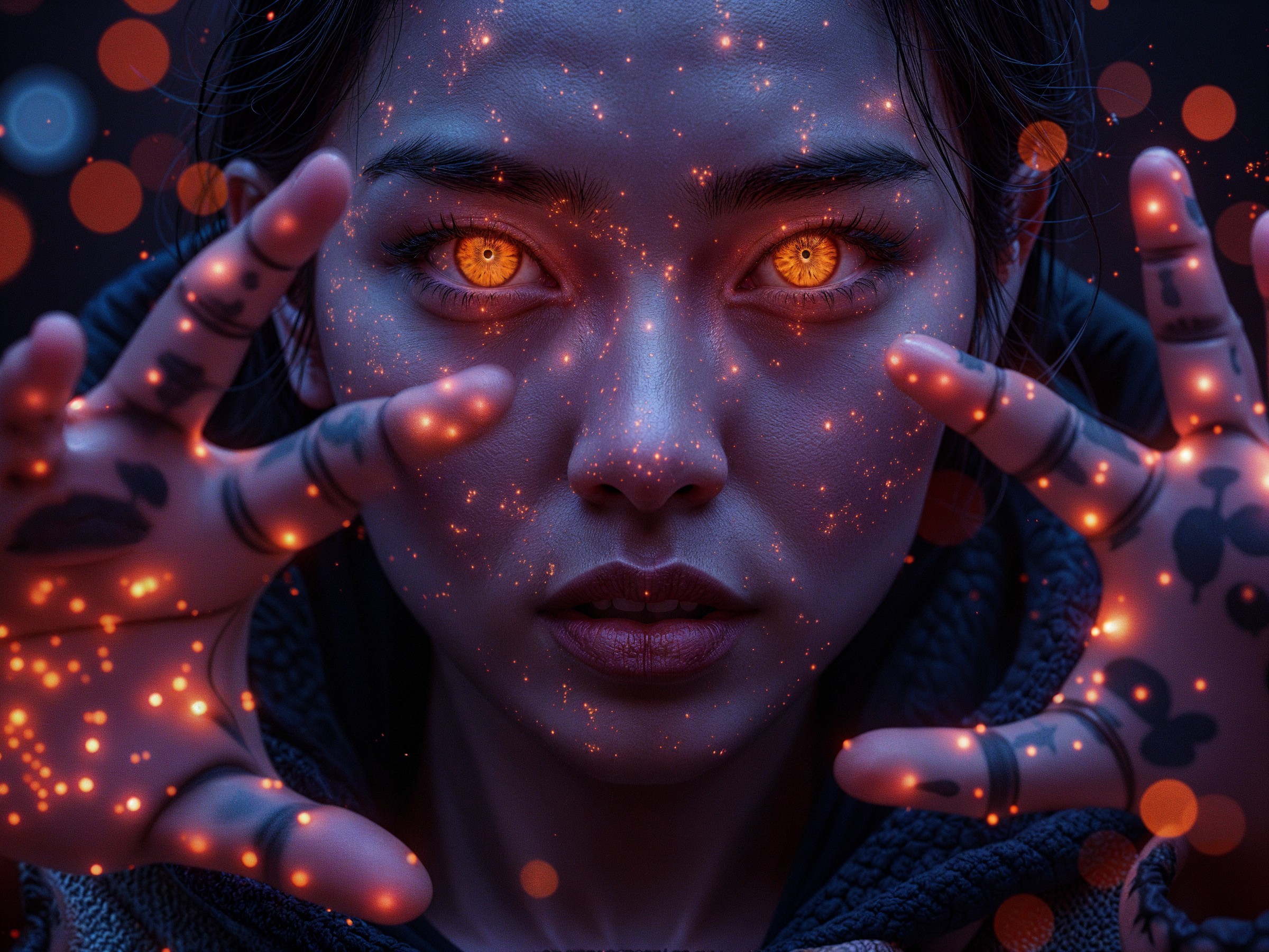 Close-up of a person with glowing orange eyes and tattoos