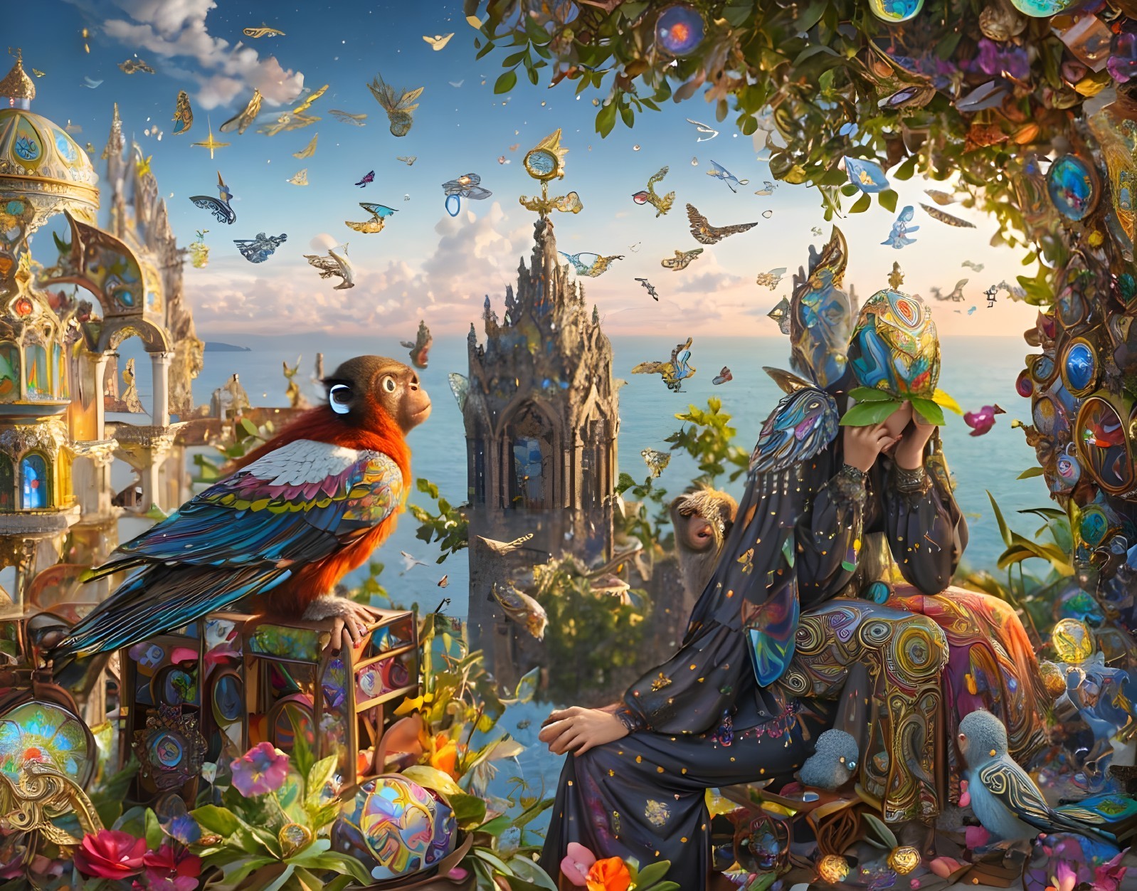 Woman in detailed outfit in vibrant fantasy landscape
