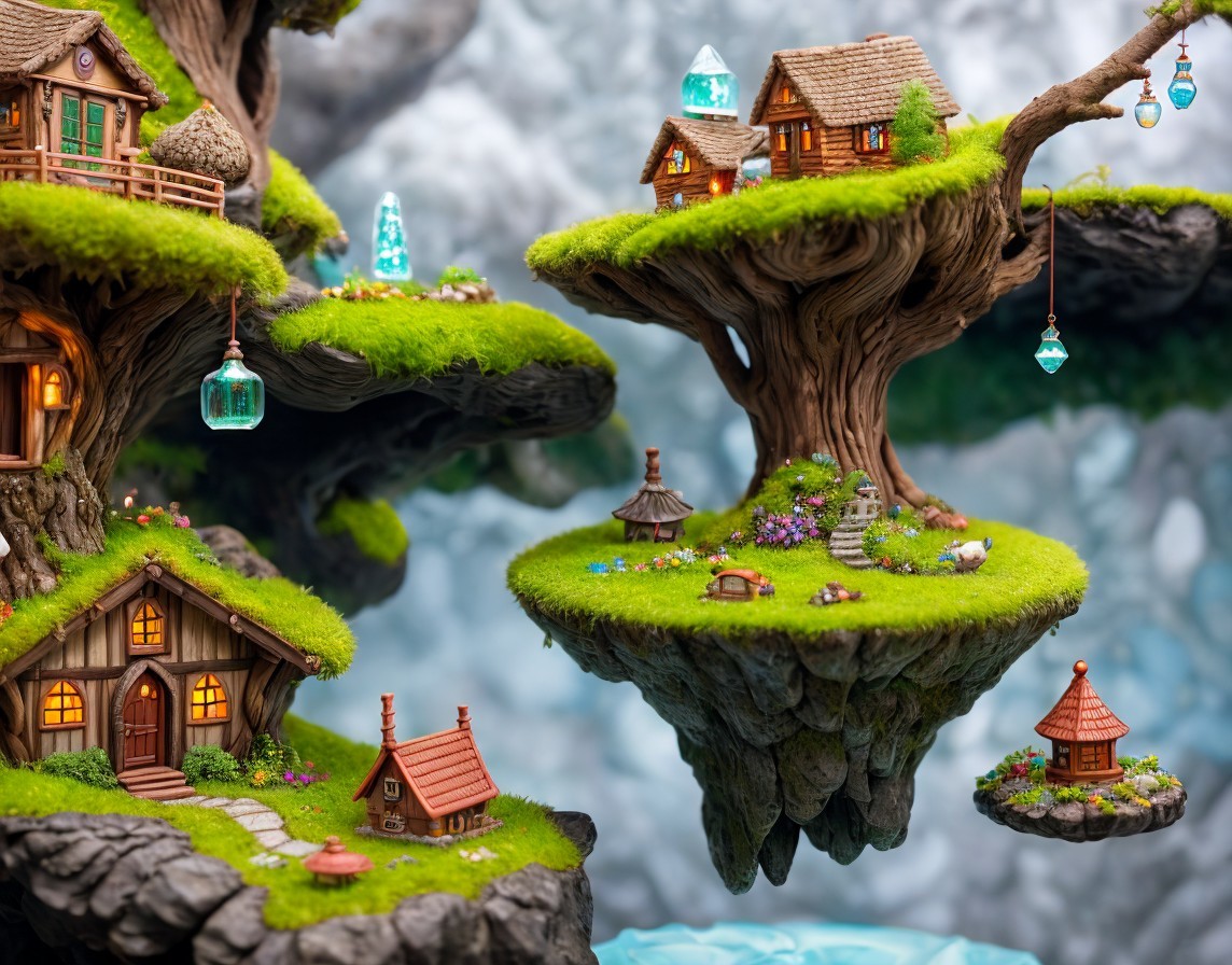 Floating Islands with Wooden Houses and Glowing Orbs