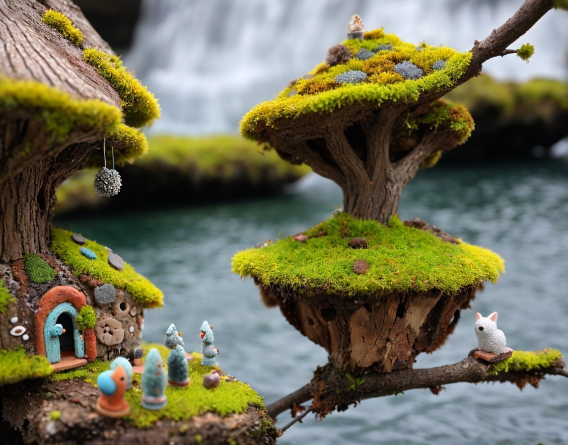 Miniature Fairy Village with Treehouses and River View
