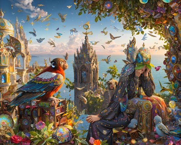 Woman in detailed outfit in vibrant fantasy landscape