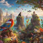 Woman in detailed outfit in vibrant fantasy landscape