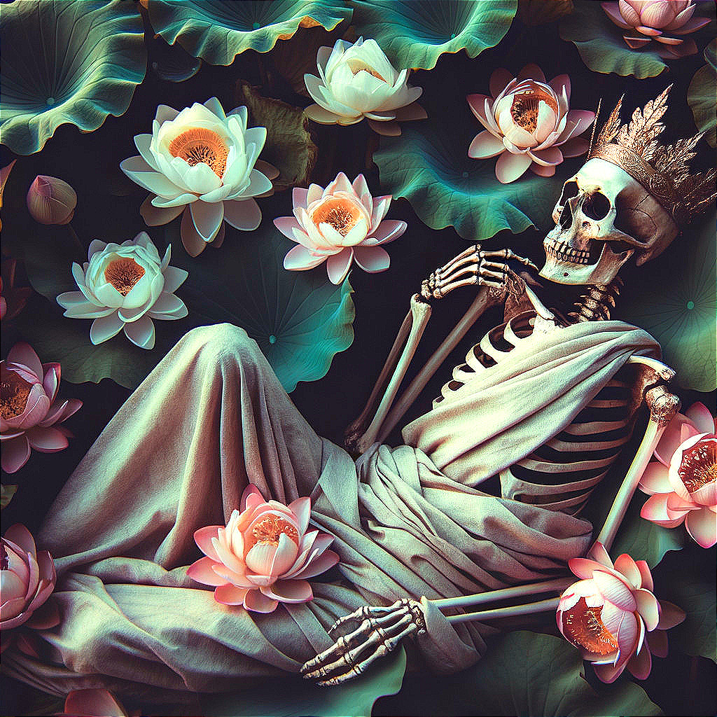 Skeleton Surrounded by Water Lilies in Dreamlike Scene