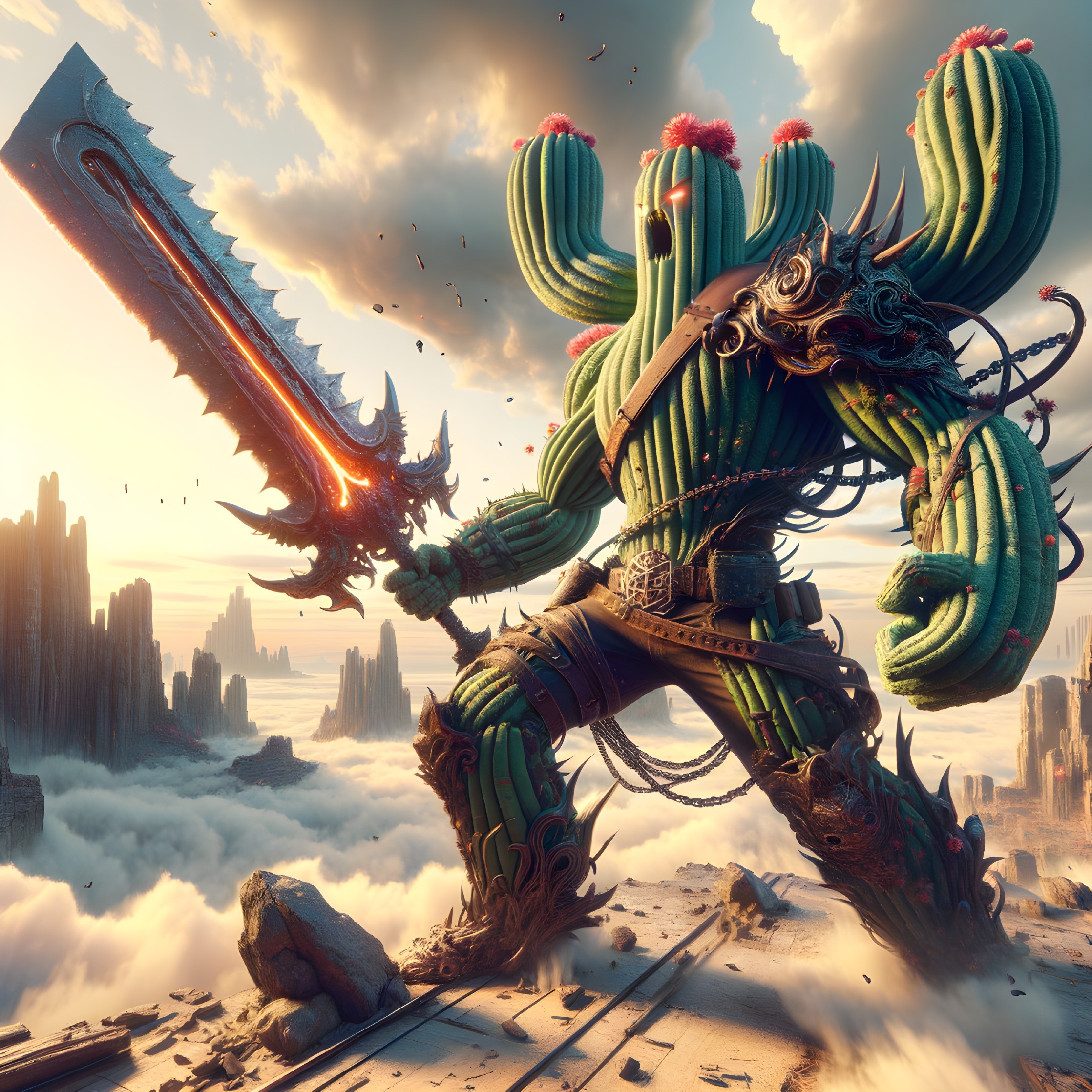 Armored warrior with cactus features in surreal desert landscape