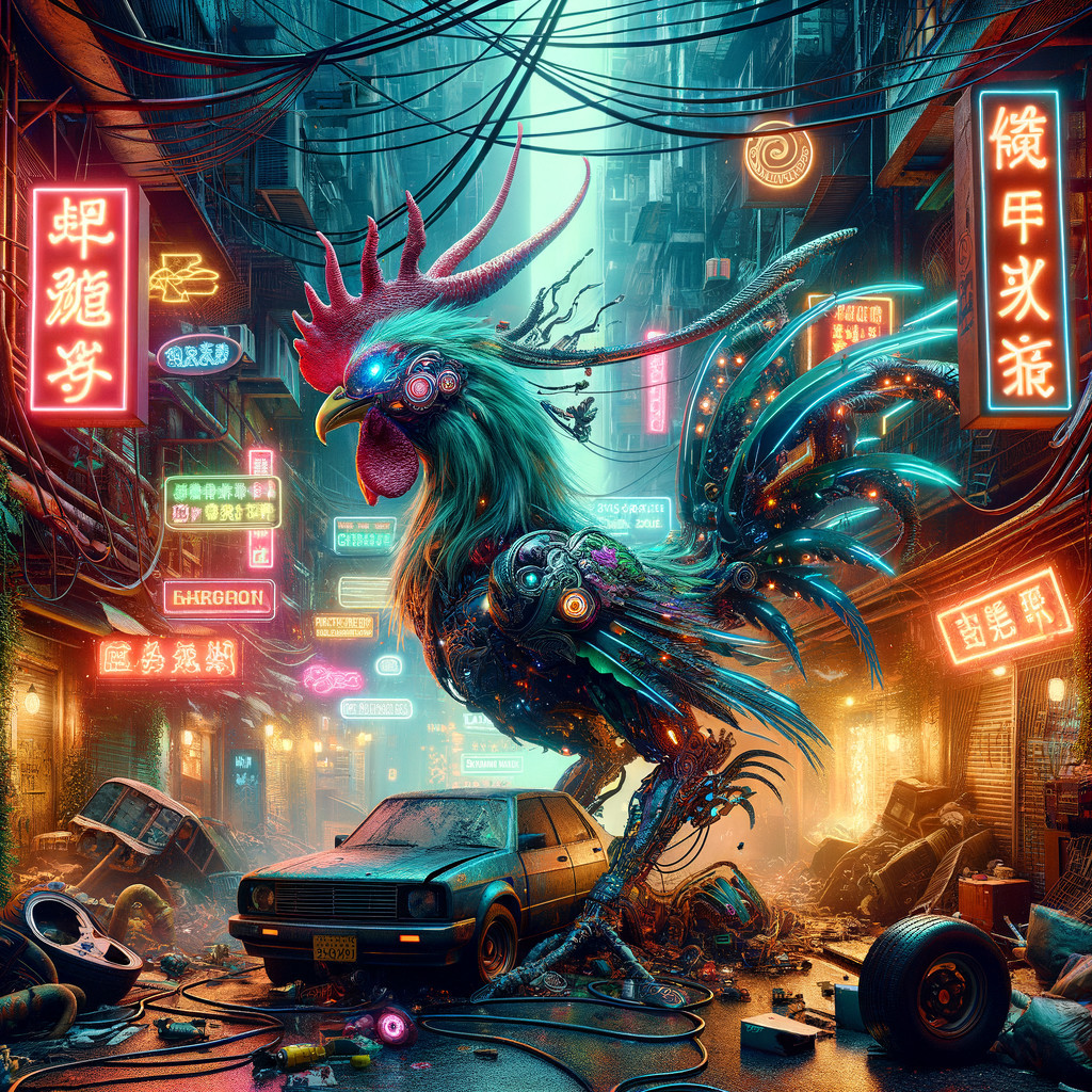 Futuristic Neon Alley with Robotic Rooster and Debris