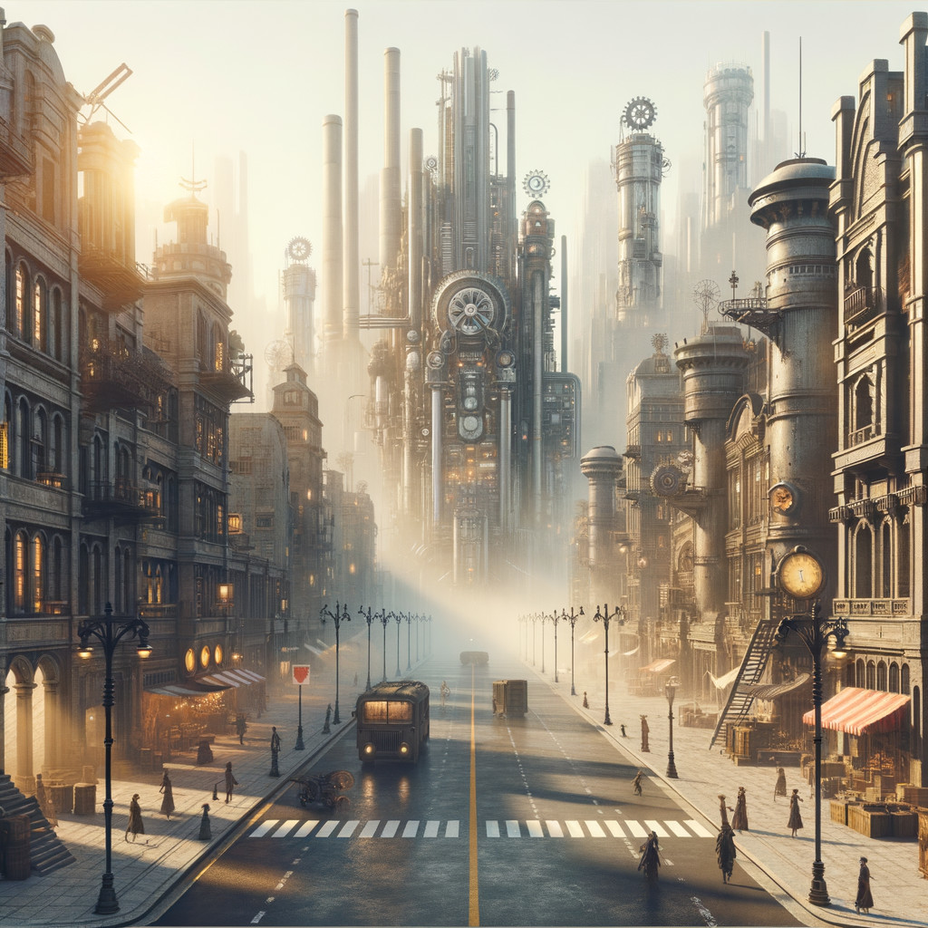 Steampunk Cityscape with Intricate Structures and Mist