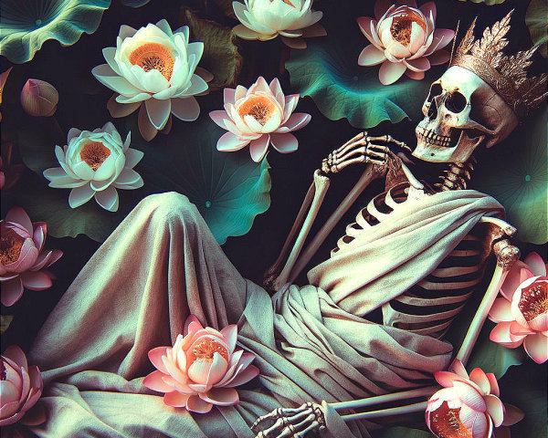Skeleton Surrounded by Water Lilies in Dreamlike Scene