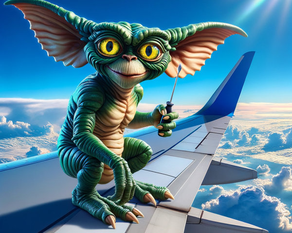 Whimsical green creature on airplane wing under bright sky