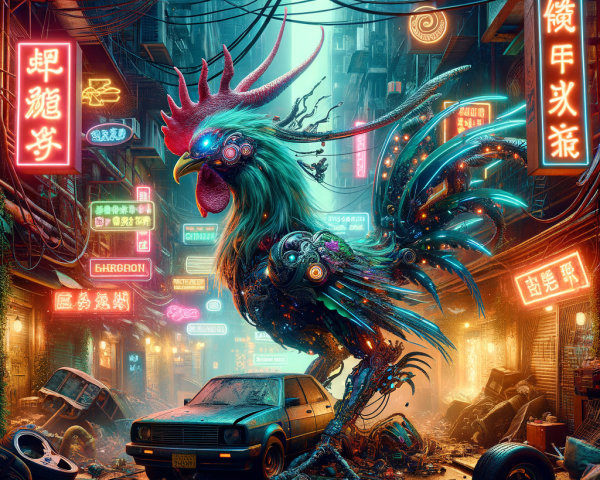 Futuristic Neon Alley with Robotic Rooster and Debris