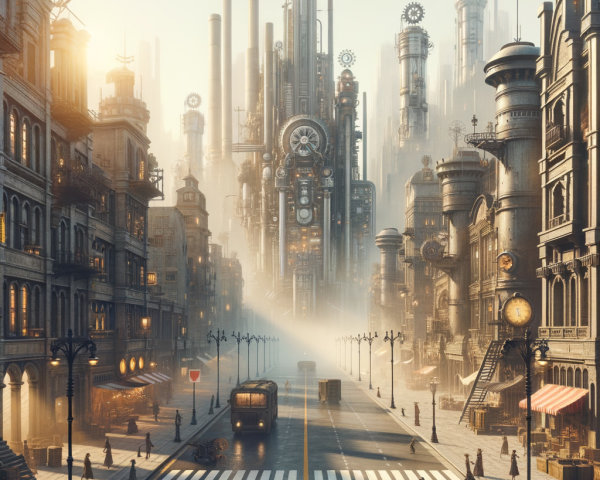 Steampunk Cityscape with Intricate Structures and Mist