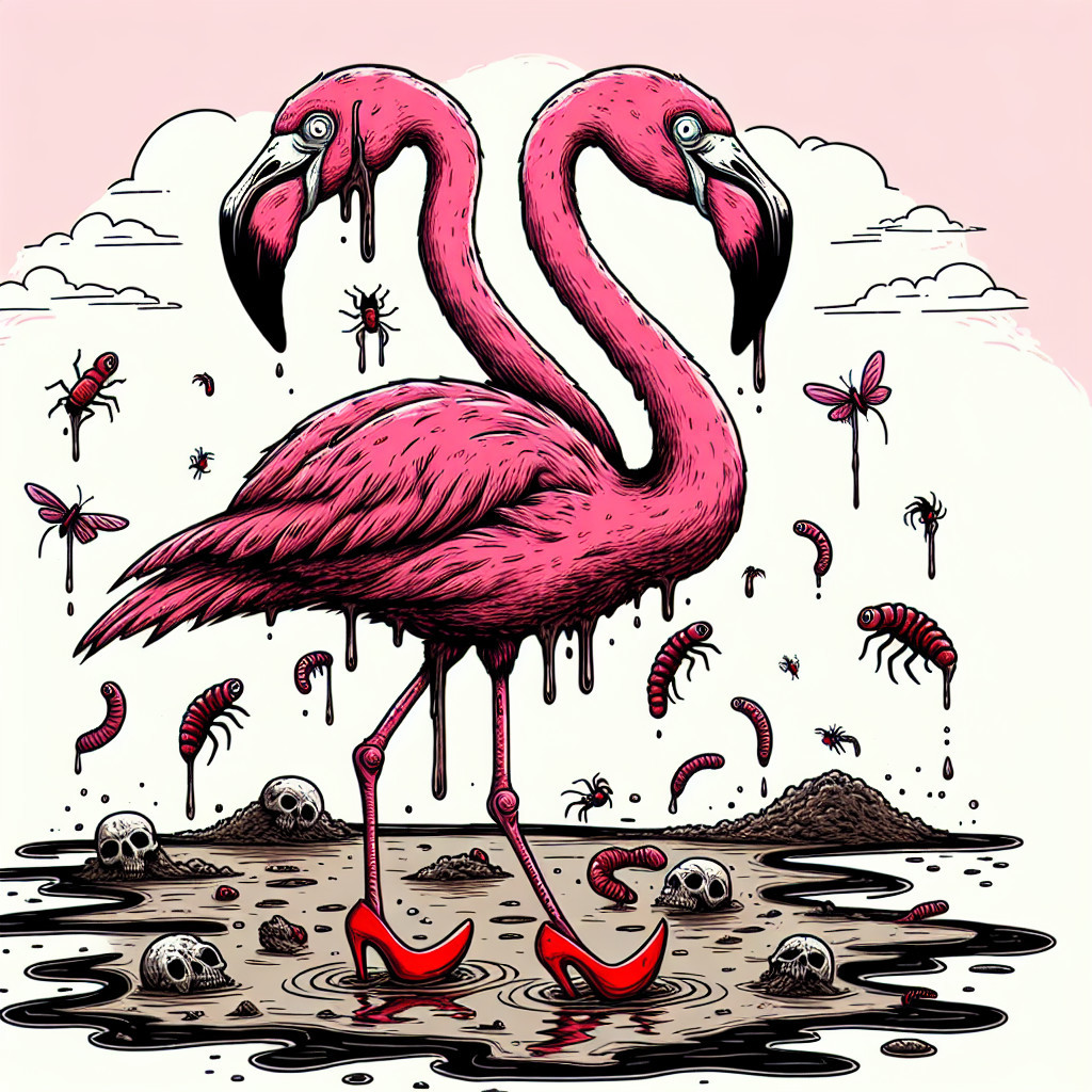 Flamingos in High Heels Amidst a Surreal Landscape
