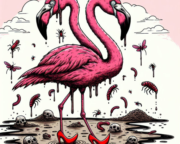 Flamingos in High Heels Amidst a Surreal Landscape