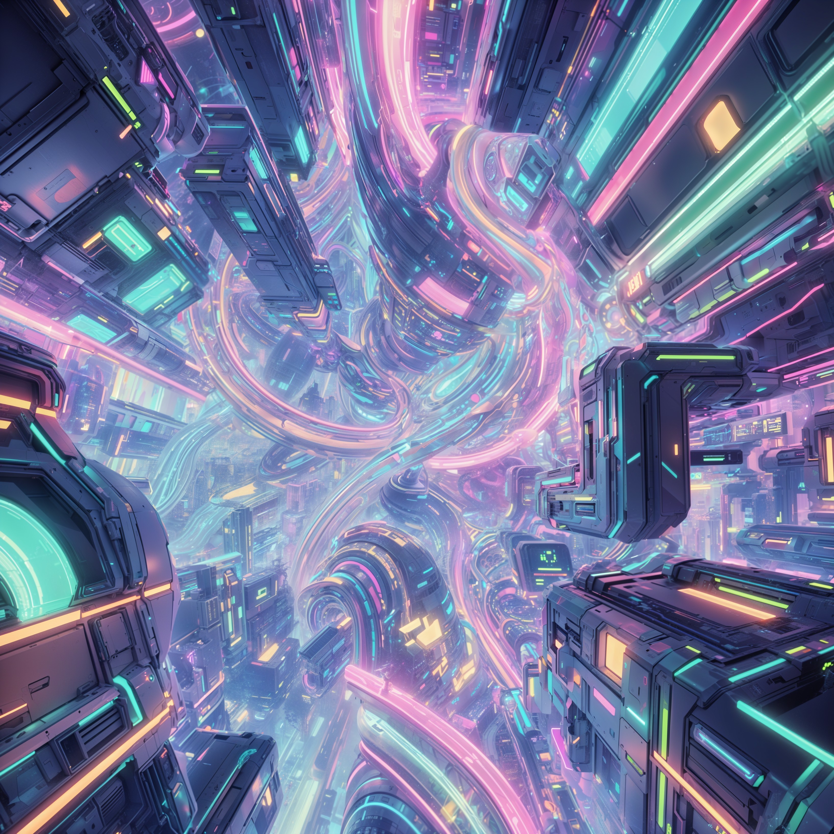 Futuristic cityscape with neon pathways and buildings