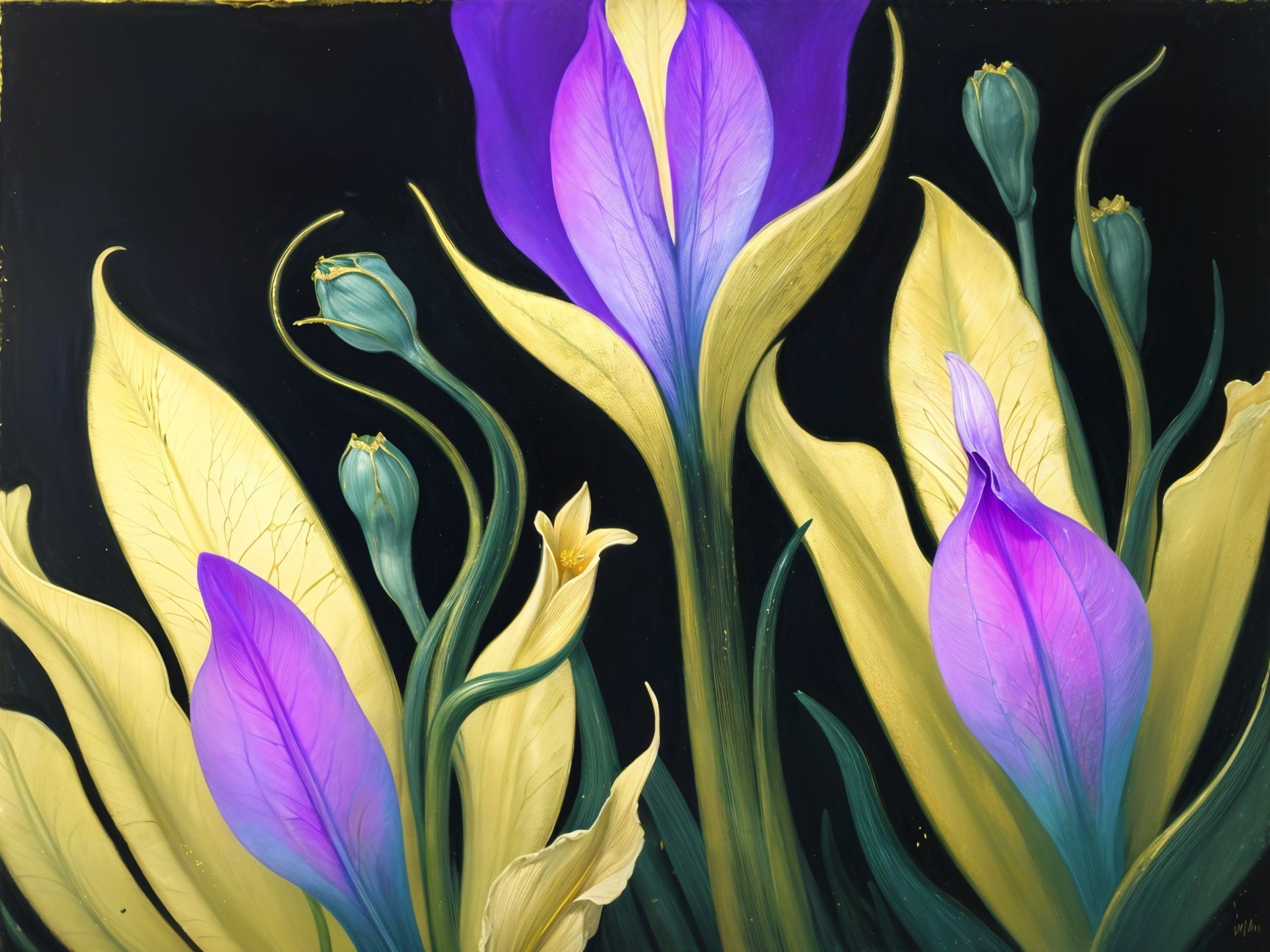 Stylized flowers with purple blooms on black background