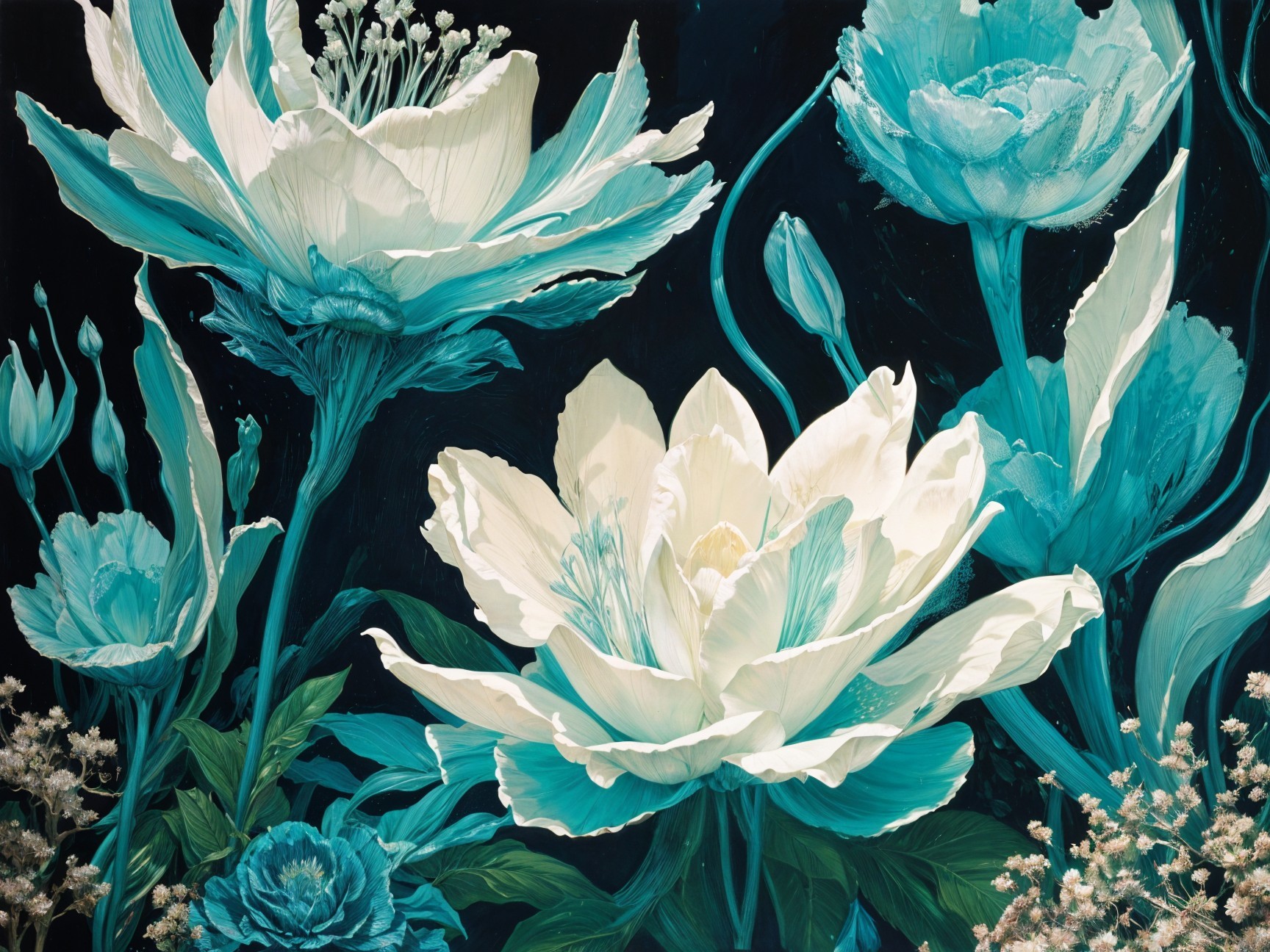 Close-Up of Turquoise and White Blooming Flowers