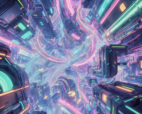 Futuristic cityscape with neon pathways and buildings