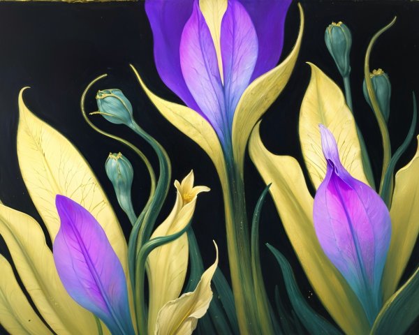 Stylized flowers with purple blooms on black background