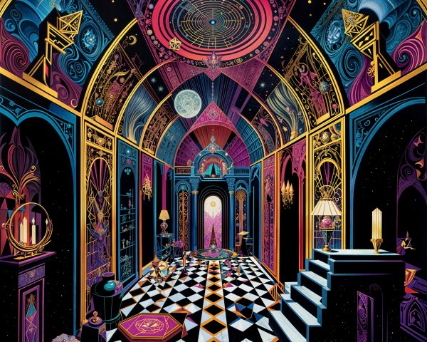 Surreal Cosmic-Themed Room with Geometric Patterns