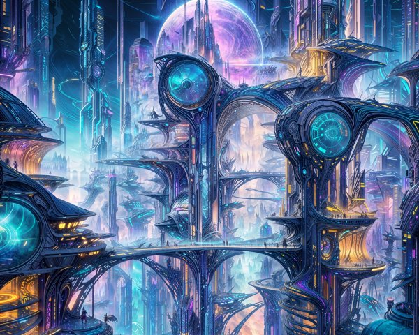 Futuristic cityscape under a glowing purple moon