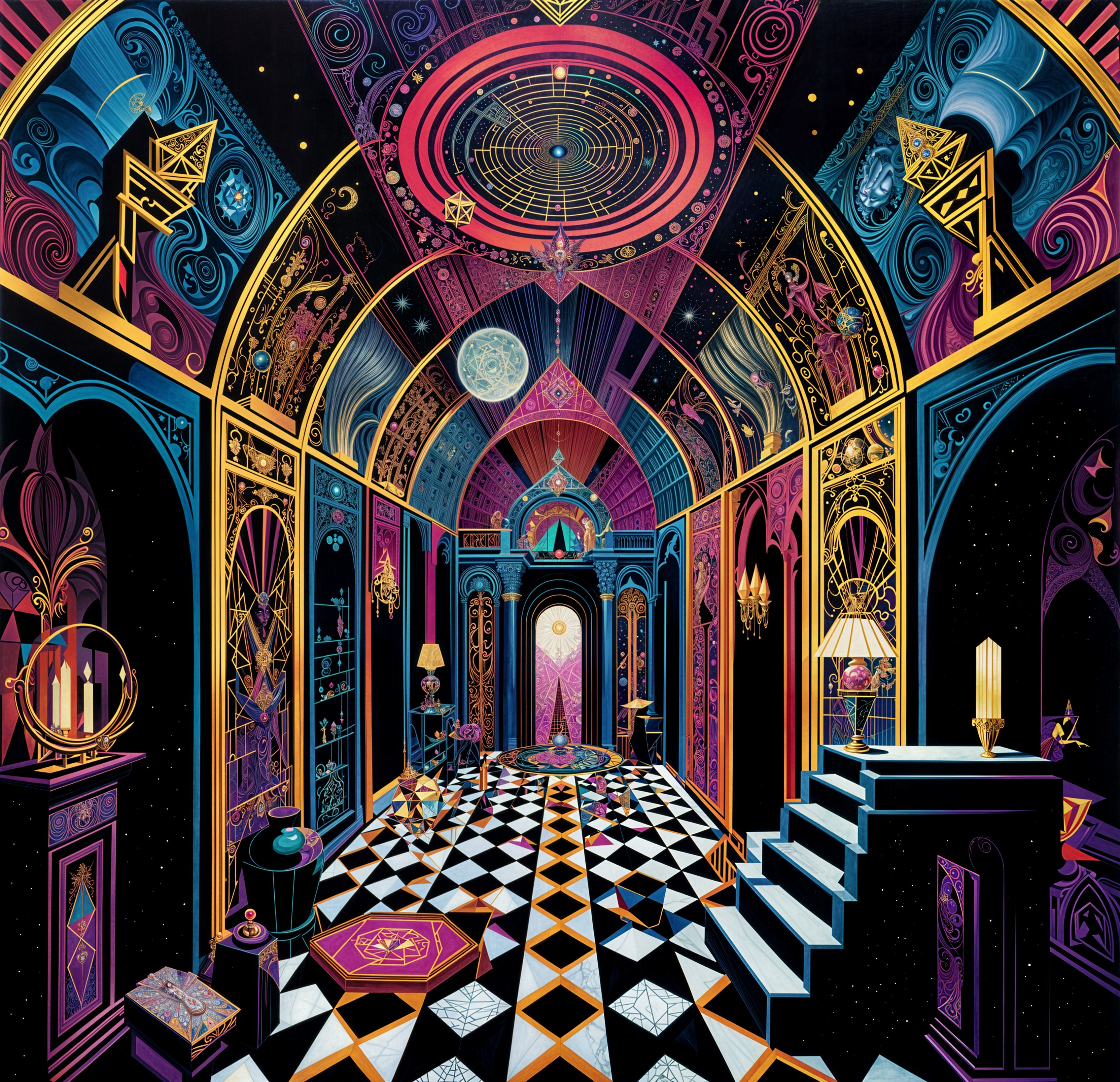 Surreal Cosmic-Themed Room with Geometric Patterns