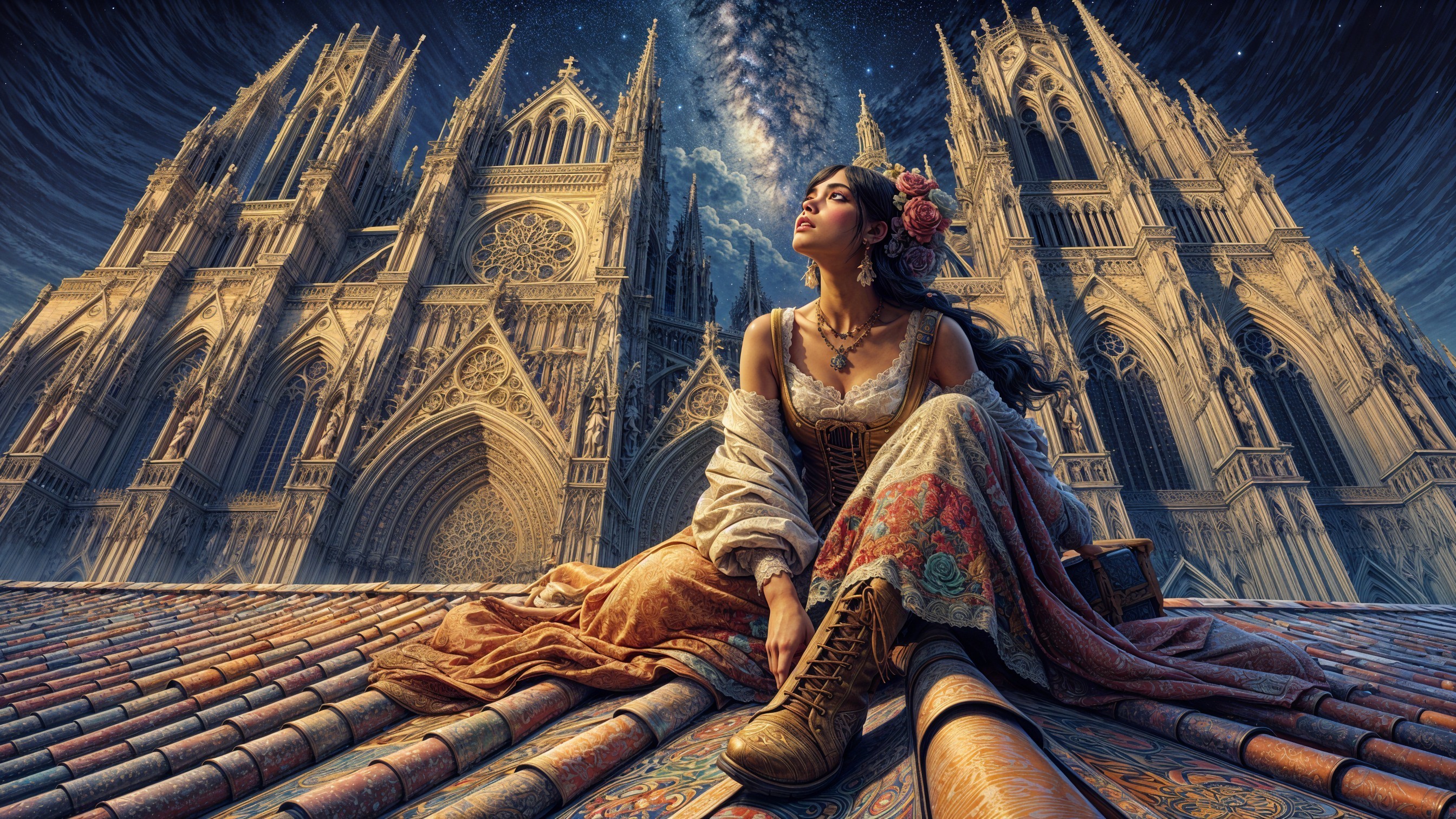 Young woman on colorful rooftop under starry sky