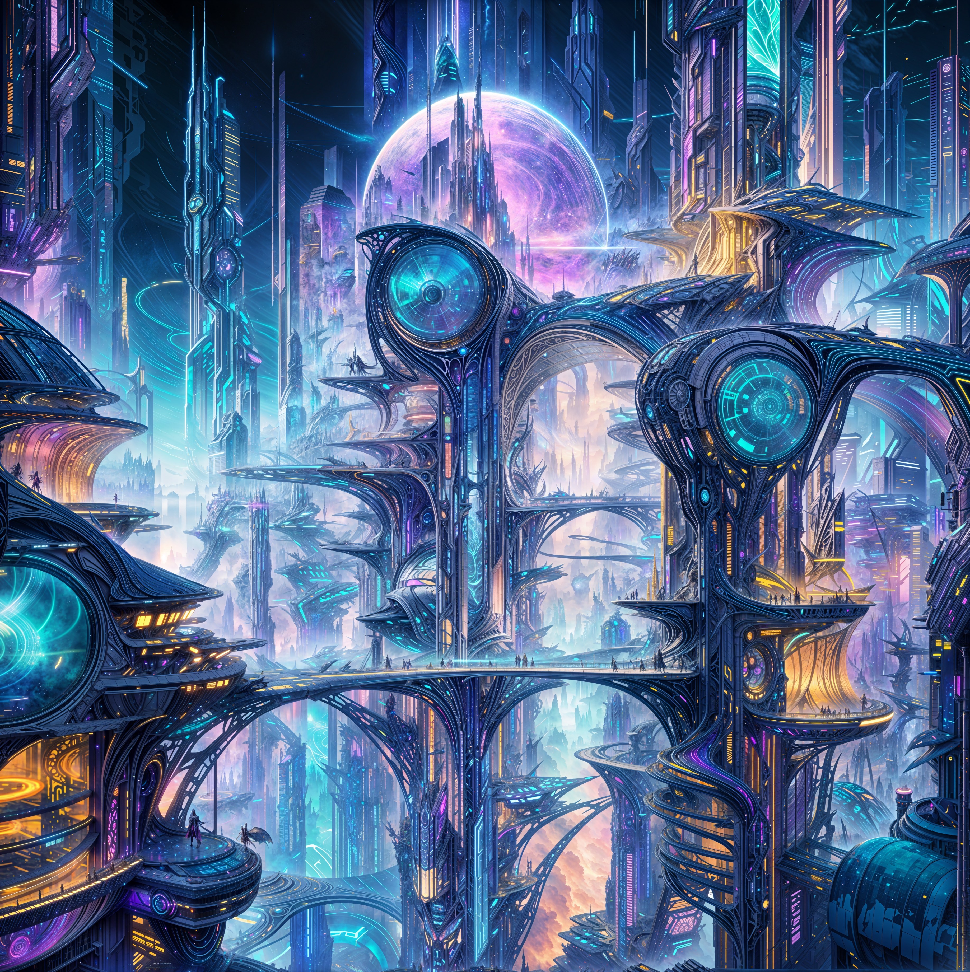 Futuristic cityscape under a glowing purple moon