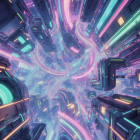 Futuristic cityscape with neon pathways and buildings