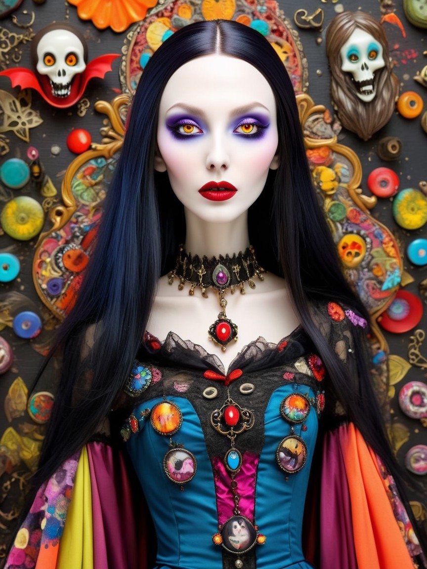 Enchanting Figure in Vibrant Gown with Mystical Background