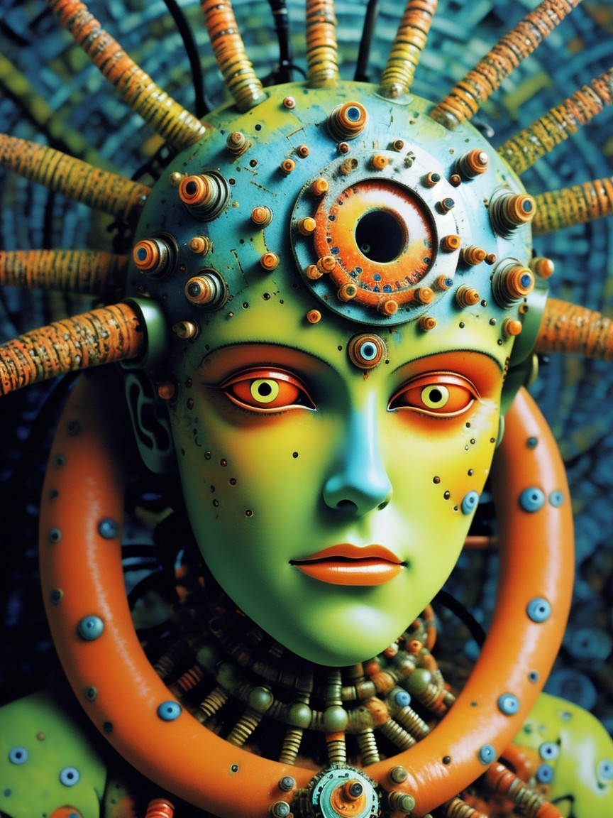 Futuristic Robotic Face with Vibrant Green Skin