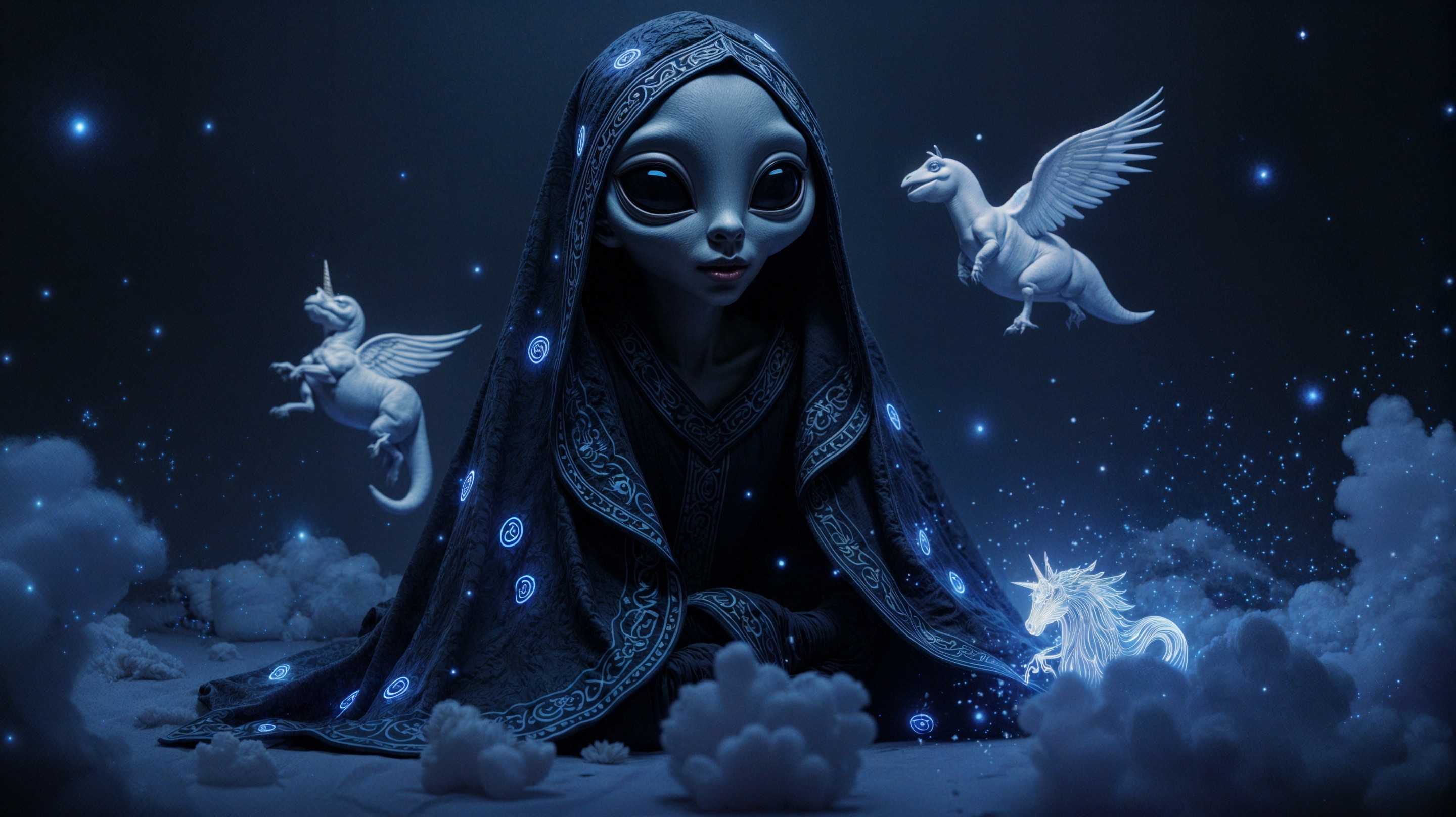 Whimsical Alien with Ethereal Creatures in Space