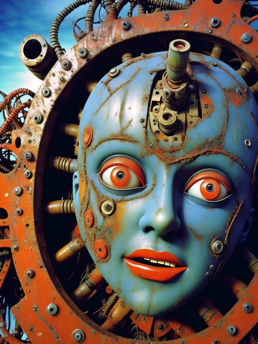Surreal Robotic Face with Blue Skin and Red Eyes