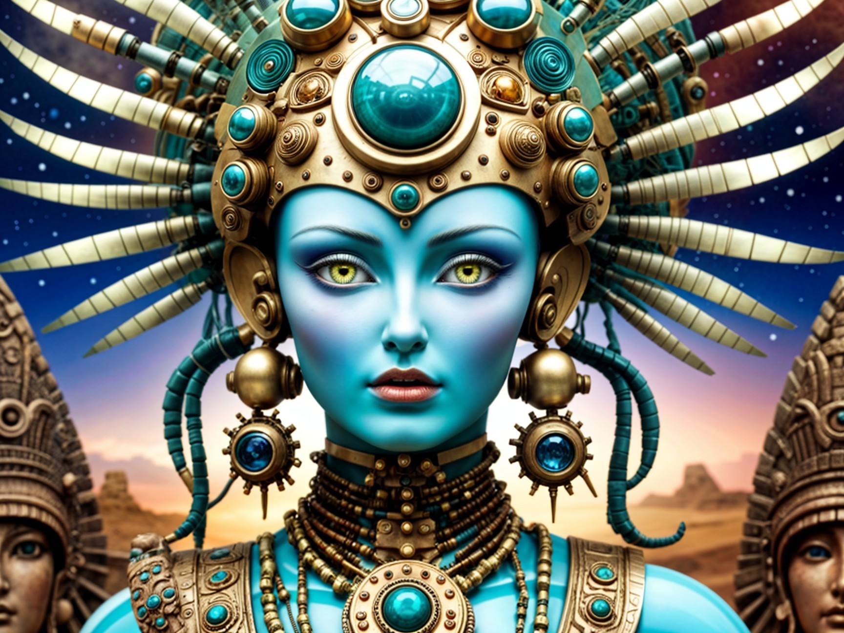 Ethereal figure with blue skin and golden jewelry
