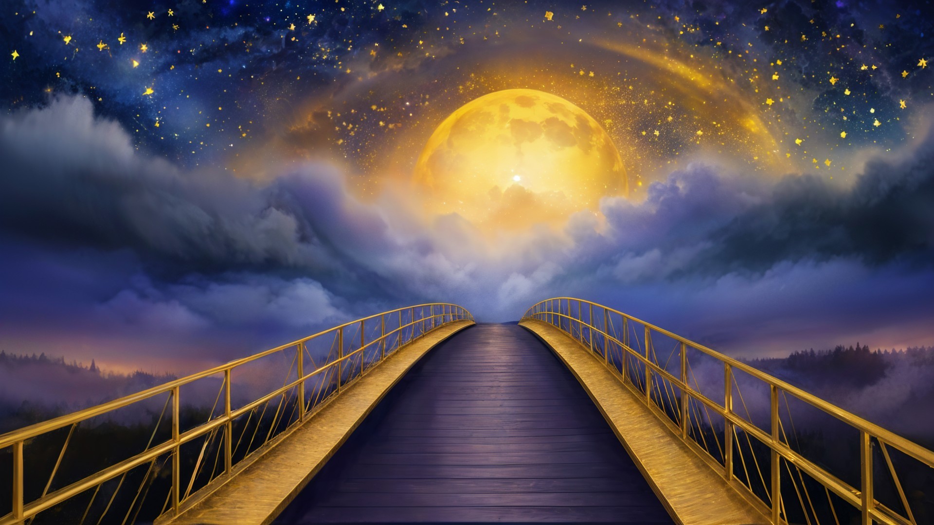 Golden bridge under a luminous moon in starry sky