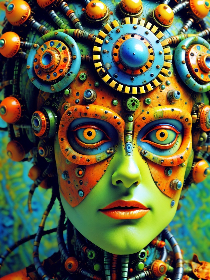 Vibrant Green Figure with Intricate Mask and Patterns
