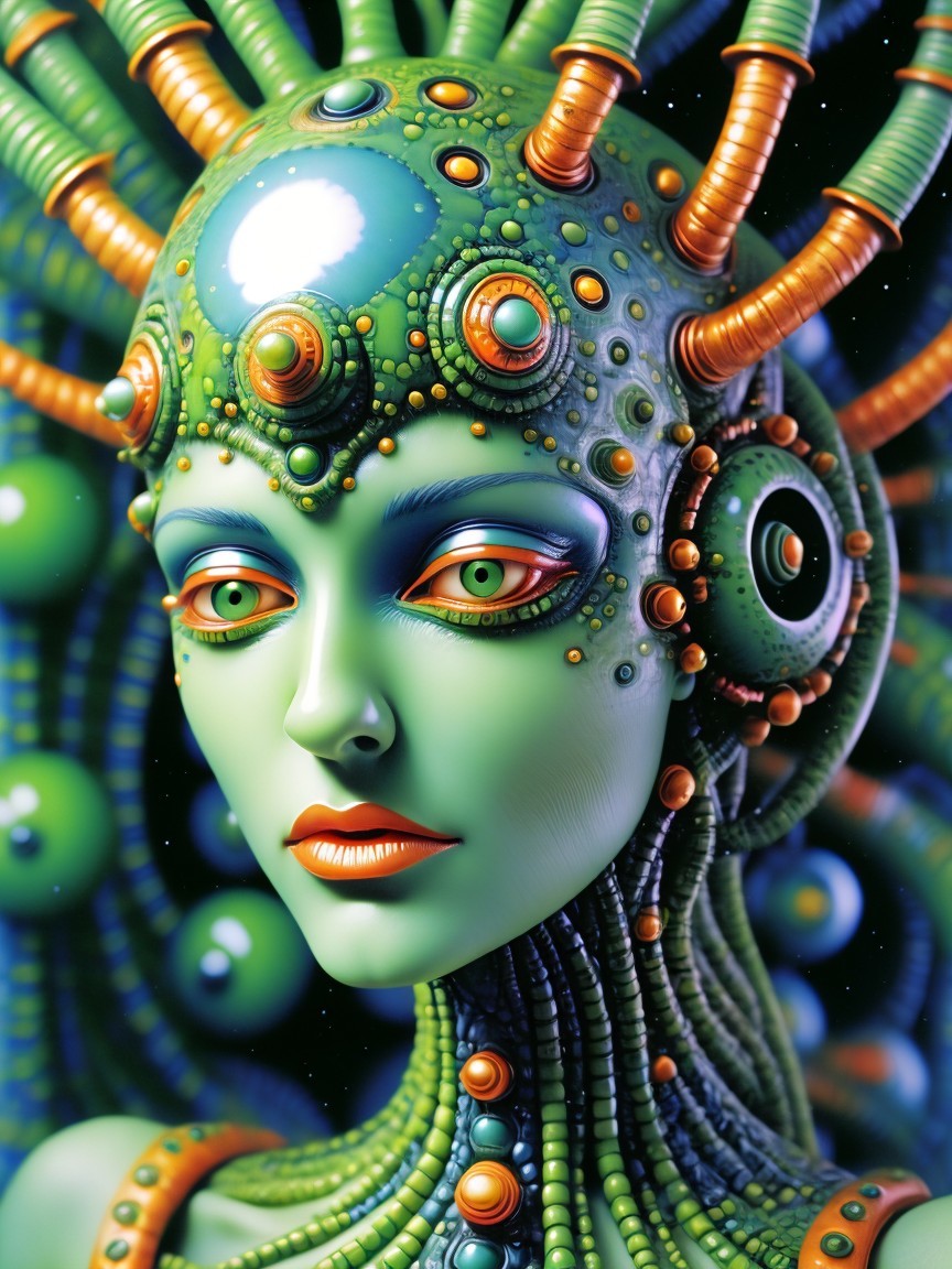 Futuristic humanoid figure with vibrant green skin