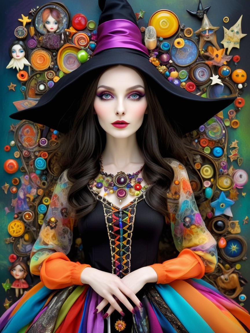 Woman in Witch Hat with Colorful Dress and Whimsical Backdrop