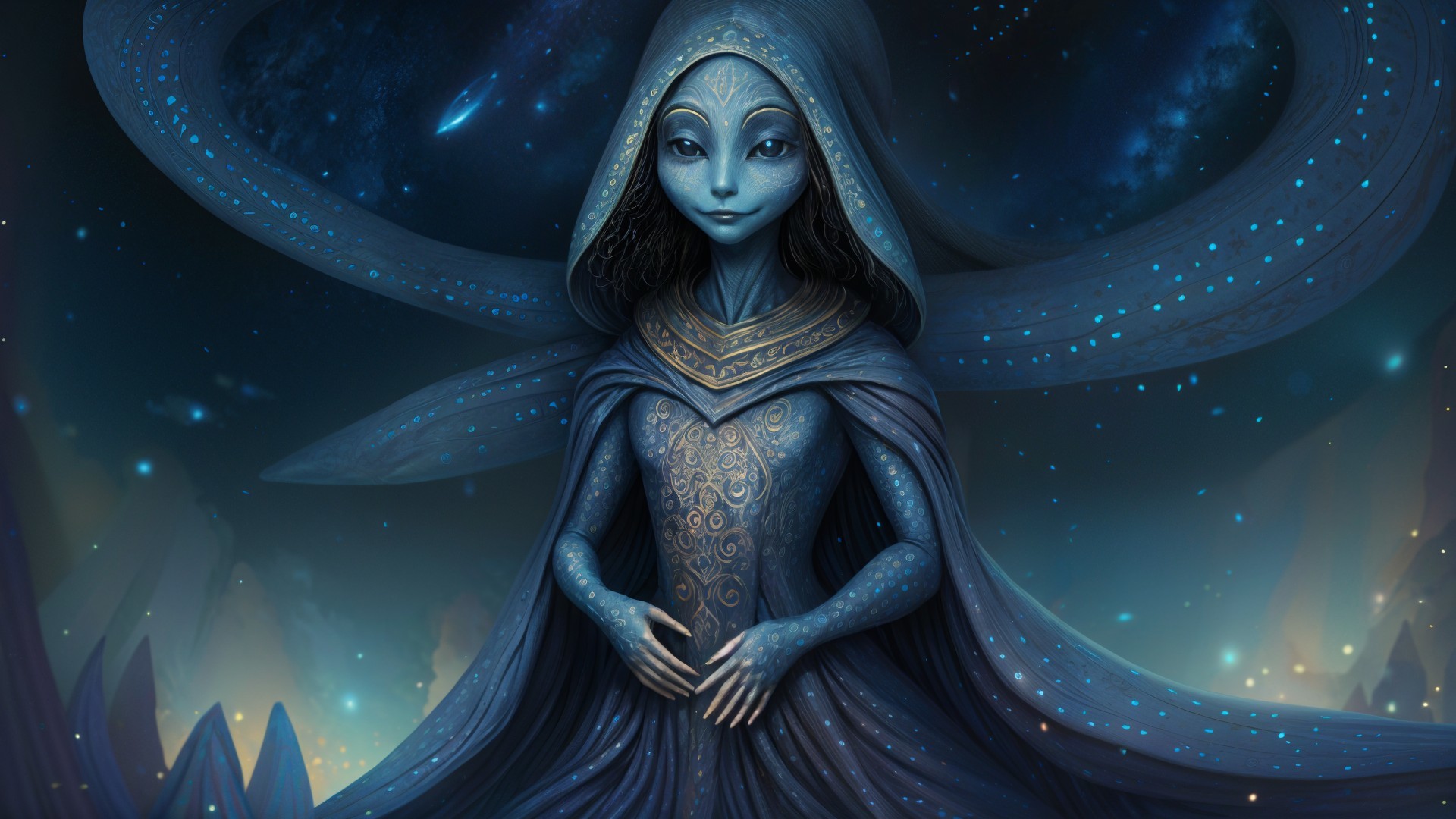 Alien Figure in Blue Robe Against Cosmic Backdrop
