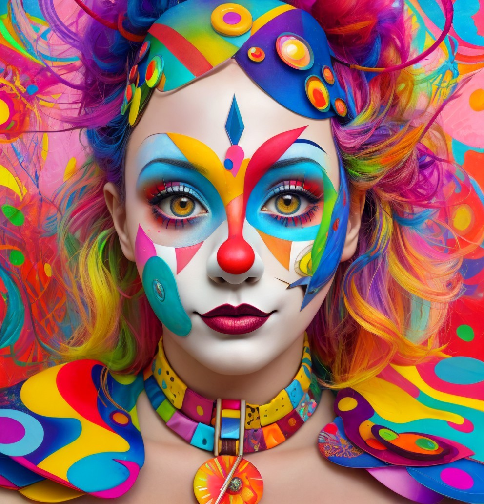 Vibrant Whimsical Clown Character with Colorful Makeup