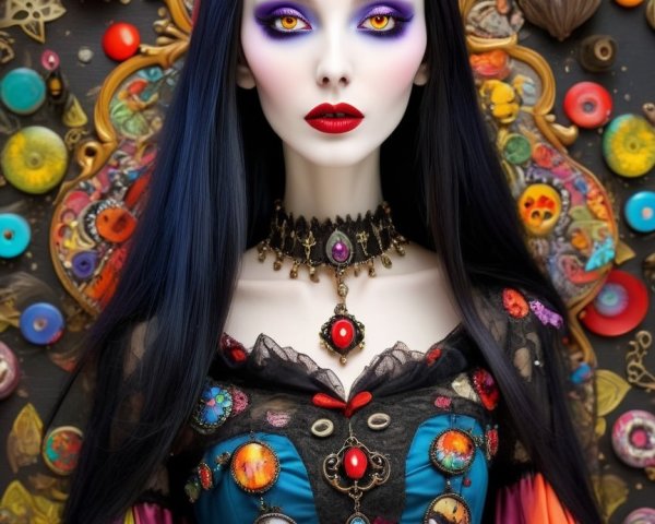 Enchanting Figure in Vibrant Gown with Mystical Background