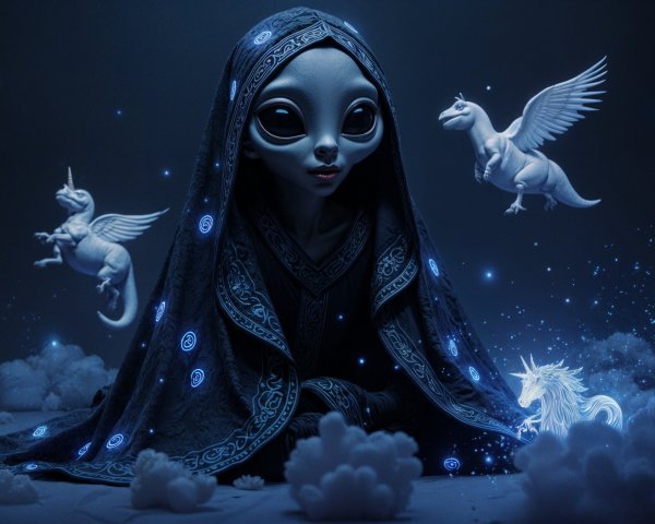 Whimsical Alien with Ethereal Creatures in Space