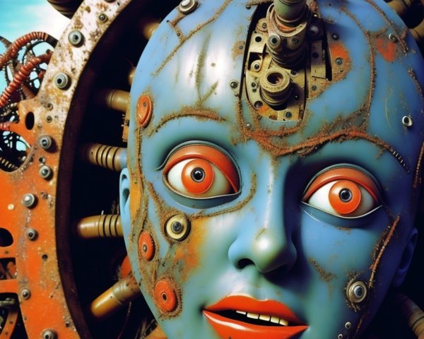 Surreal Robotic Face with Blue Skin and Red Eyes