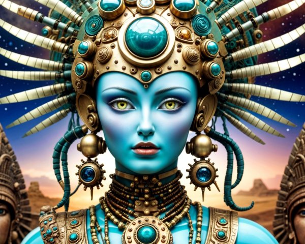 Ethereal figure with blue skin and golden jewelry