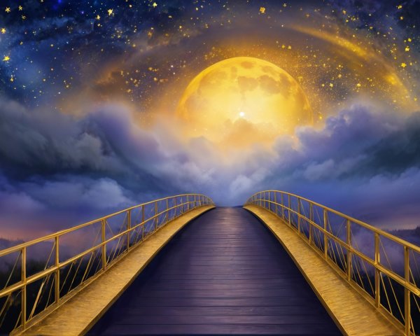 Golden bridge under a luminous moon in starry sky
