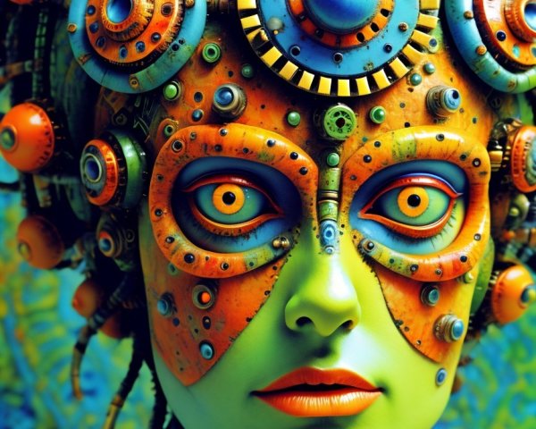 Vibrant Green Figure with Intricate Mask and Patterns