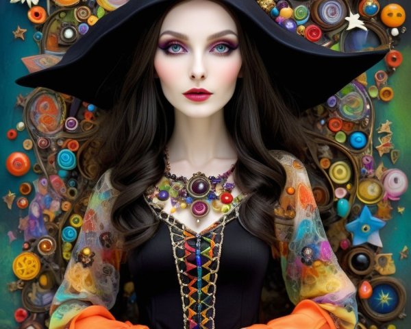 Woman in Witch Hat with Colorful Dress and Whimsical Backdrop