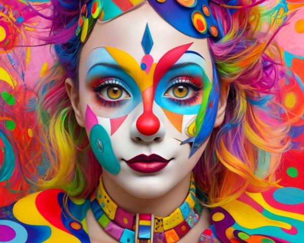 Vibrant Whimsical Clown Character with Colorful Makeup