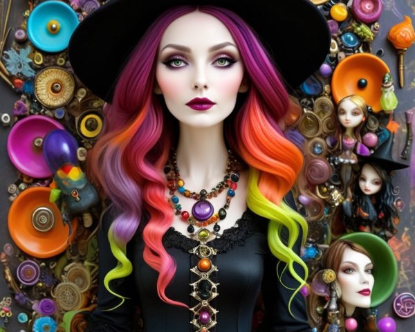 Colorful Witch Doll with Vibrant Background and Decor