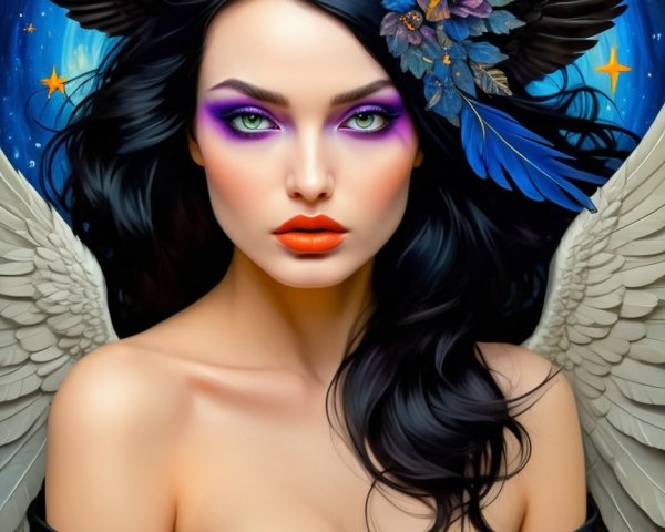Ethereal figure with wings, vibrant makeup, and flowers